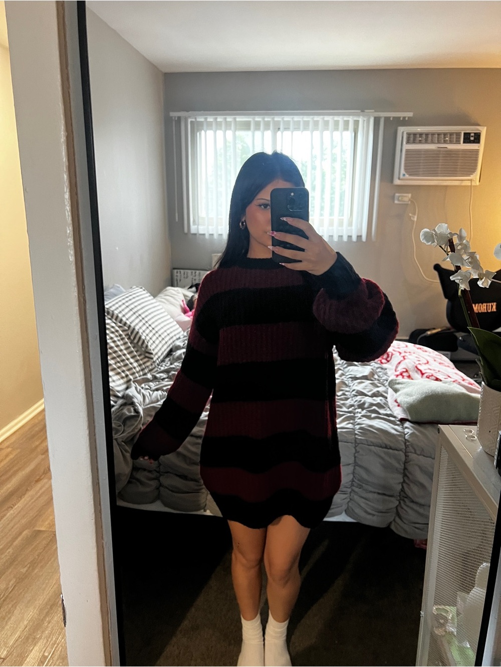 H&M Black and Burgundy Striped Oversized Sweater Mini Dress